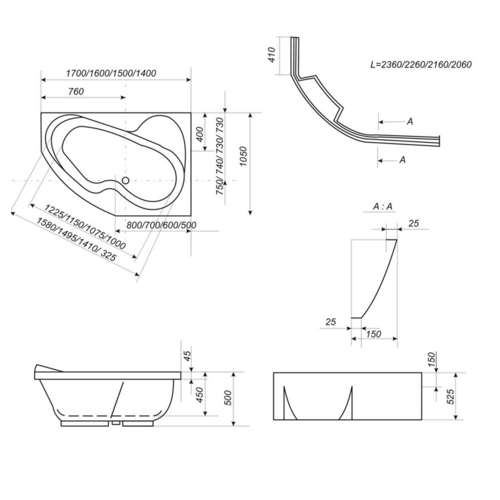 Ванна акрилова Bisante Троянда, права 140 Ванна акрилова Bisante Троянда, права 140