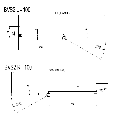 RAVAK Штора для ванны BVS 2-100 хром L/R
