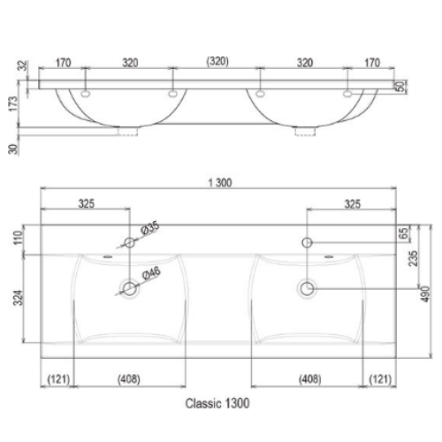 Умивальник Ravak Classic подвійний, 1300 мм Умивальник Ravak Classic подвійний, 1300 мм