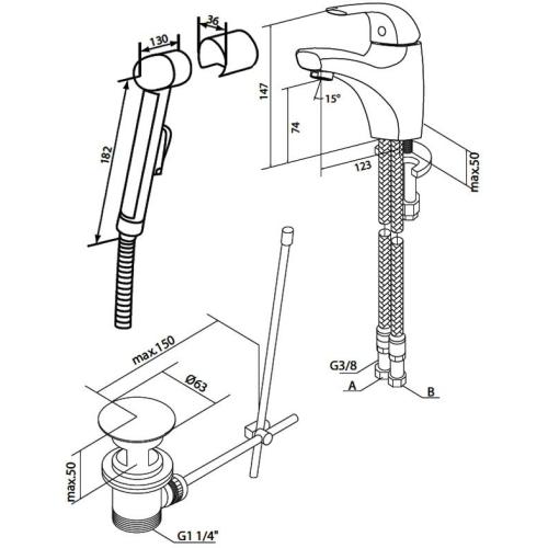 Змішувач для умивальника з гігієнічним душем та донним клапаном Sense 1 F7504000 AM PM Змішувач для умивальника з гігієнічним душем та донним клапаном Sense 1 F7504000 AM PM