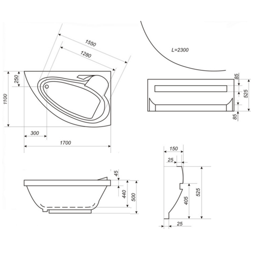 Ванна акриловая Bisante Виктория, левая