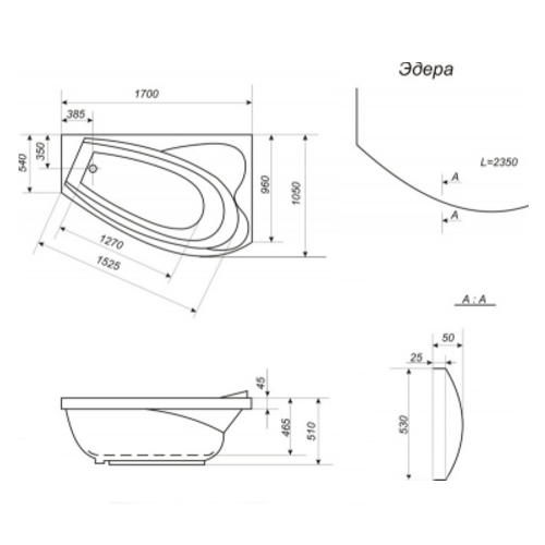 Ванна акрилова Bisante Едера, права