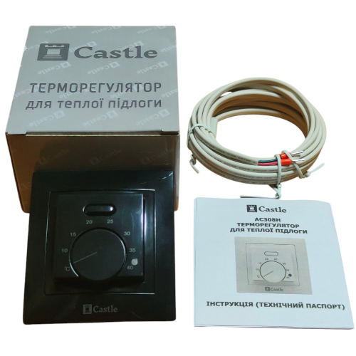 Терморегулятор для теплого пола механический Castle AC308H, черный глянец