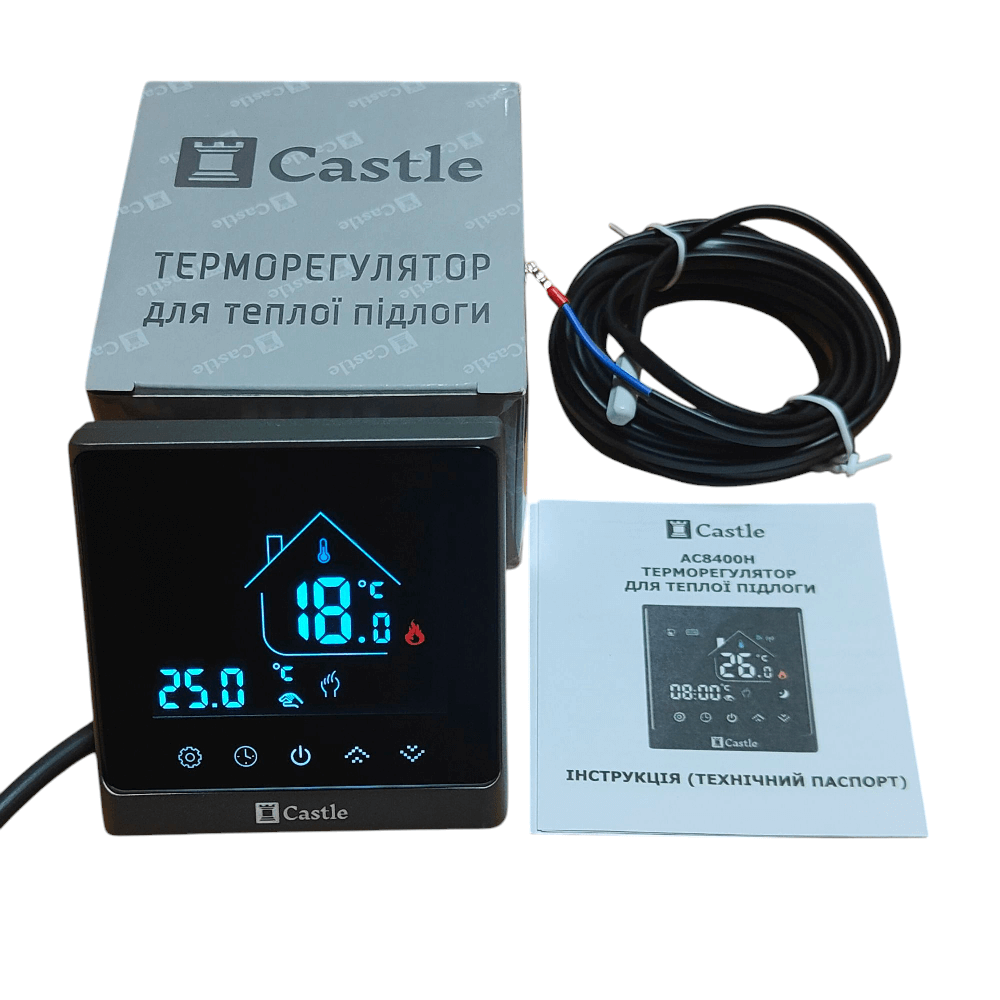 Терморегулятор програмний для теплої підлоги Castle АС8400Н WI-FI Чоний-Срібло