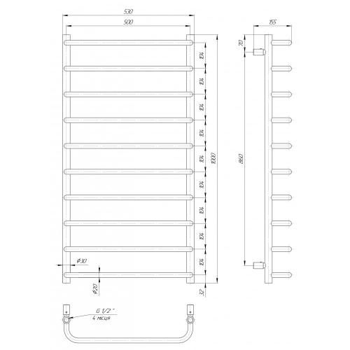 Полотенцесушитель водяной Элна Стандарт 10 1000x530x140 мм Полотенцесушитель водяной Элна Стандарт 10 1000x530x140 мм