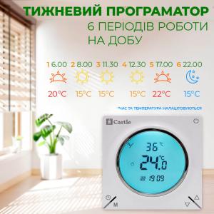 Терморегулятор програмний для теплої підлоги Castle AC829H з функцією WI-FI (Білий)