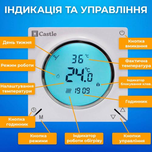 Терморегулятор програмний для теплої підлоги Castle AC829H з функцією WI-FI (Білий)