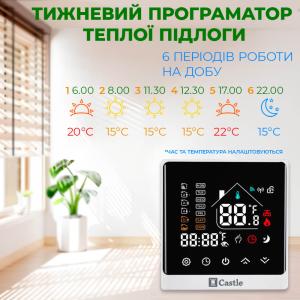 Терморегулятор програмний для теплої підлоги Castle АС8400Н-W WI-FI Білий