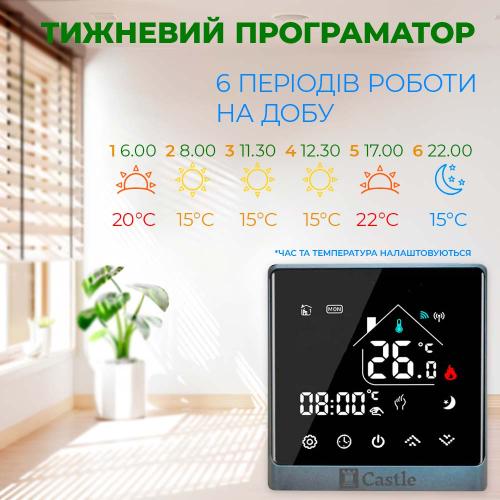 Терморегулятор програмний для теплої підлоги Castle АС8400H Чорний-Срібло