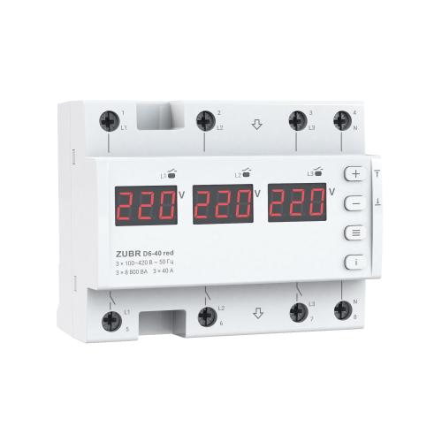 Реле напряжения с двумя режимами работы (3 однофазных или 1 трехфазное) ZUBR D6 RED