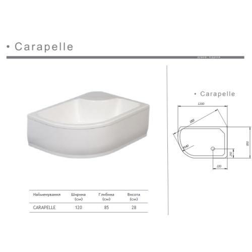 Акриловый душевой поддон глубокийCARAPELLE 1200x850