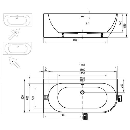 Акрилова ванна FREEDOM Corner L 1700x800 білосніжна/хром сифон Click-Clack