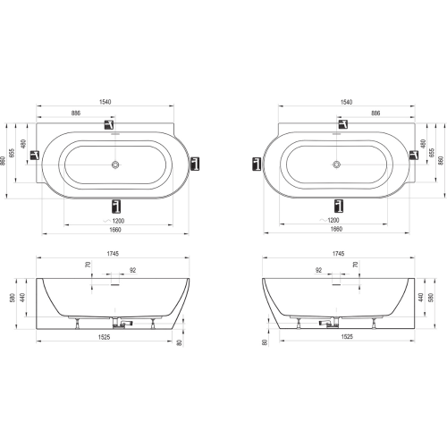 Акрилова Ванна Freedom Corner II Tec 175x86 R, що окремо стоїть, Білий, кришка зливу Білий