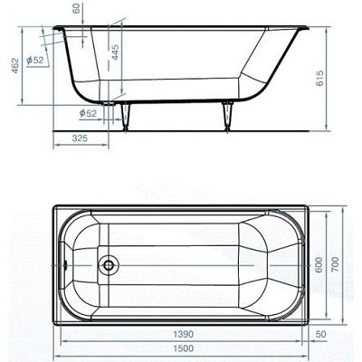 Ванна чавунна Універсал Ностальжі ВЧ-1500, розміри