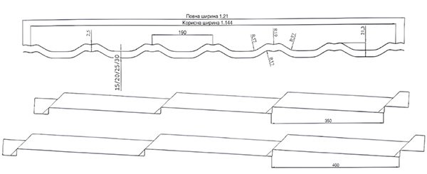 Схема та розміри металочерепиці Agat Корея