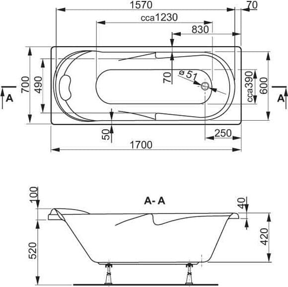 Схема та розміри акрилової ванни Вагнерпласт Minerva