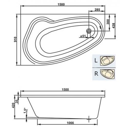 Схема и размеры ванны Вагнерпласт Avona 