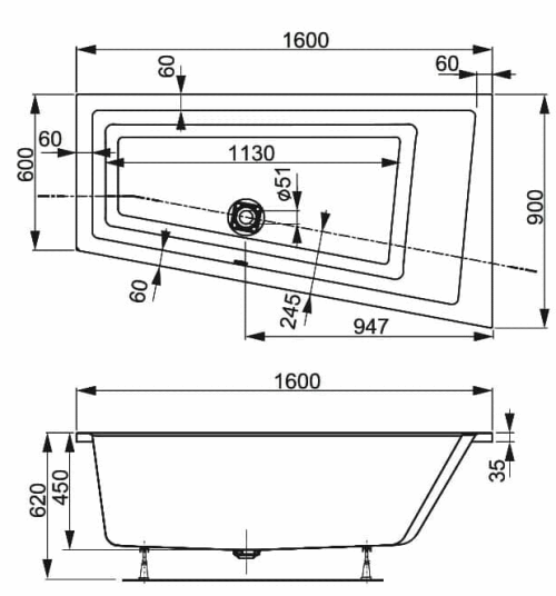 Схема угловой ванны Cavallo offset