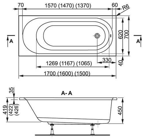 Схема та розміри акрилової ванни Вагнерпласт Kasandra