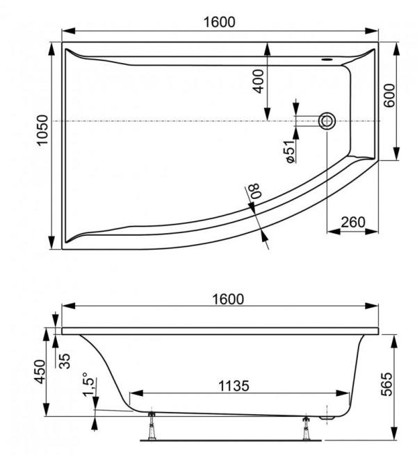 Схема та розміри ванни Вагнерпласт Veronella Offset